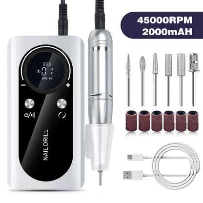 White Professional 45000RPM Rechargeable Nail Drill - Portable Electric Nail File for Manicure & Pedicure