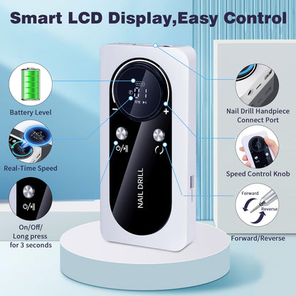 White Professional 45000RPM Rechargeable Nail Drill - Portable Electric Nail File for Manicure & Pedicure