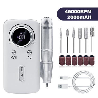 White Professional Electric Nail Drill, 45000RPM Rechargeable Nail Grinder Polisher for Salon & Home Use