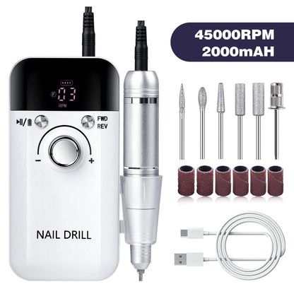 White High Speed Portable Nail Drill Set - Electric Nail File Set with 6 Nail Drill Bits
