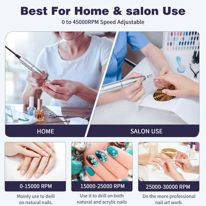 White High Speed Portable Nail Drill Set - Electric Nail File Set with 6 Nail Drill Bits