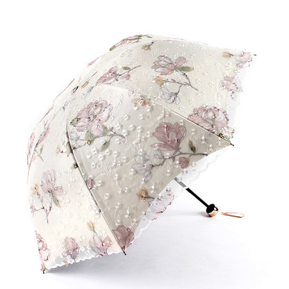 Apricot yellow Elegant Lace Parasol - UV Protection, Sun & Rain Umbrella, Tri-Fold Design