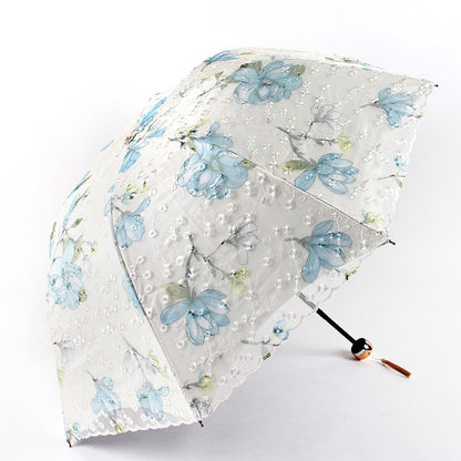 Water blue Elegant Lace Parasol - UV Protection, Sun & Rain Umbrella, Tri-Fold Design