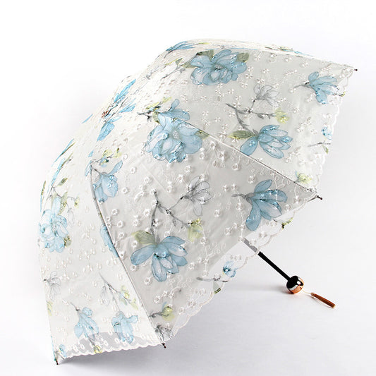 Water blue Elegant Lace Parasol - UV Protection, Sun & Rain Umbrella, Tri-Fold Design