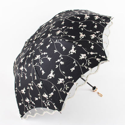 Ivy black Elegant Lace Parasol - UV Protection, Sun & Rain Umbrella, Tri-Fold Design