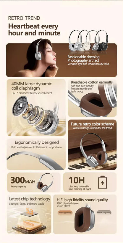 Silver And Brown Compact Retro Headphones - Wireless Bluetooth, Deep Bass, Immersive Sound
