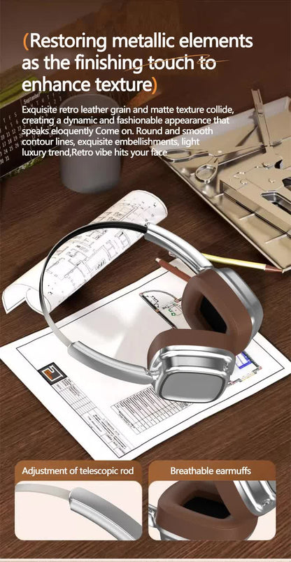 Silver And Brown Compact Retro Headphones - Wireless Bluetooth, Deep Bass, Immersive Sound