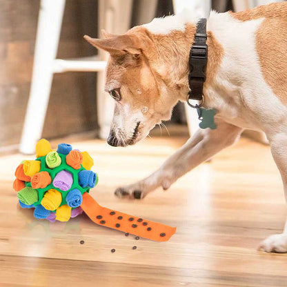 Orange Ball And Colorful Strips Of Fabric Interactive Pet Snuffle Ball - Treat-Dispensing Toy for Dogs and Cats, 20 cm TPR and Felt Fabric for Mental Stimulation