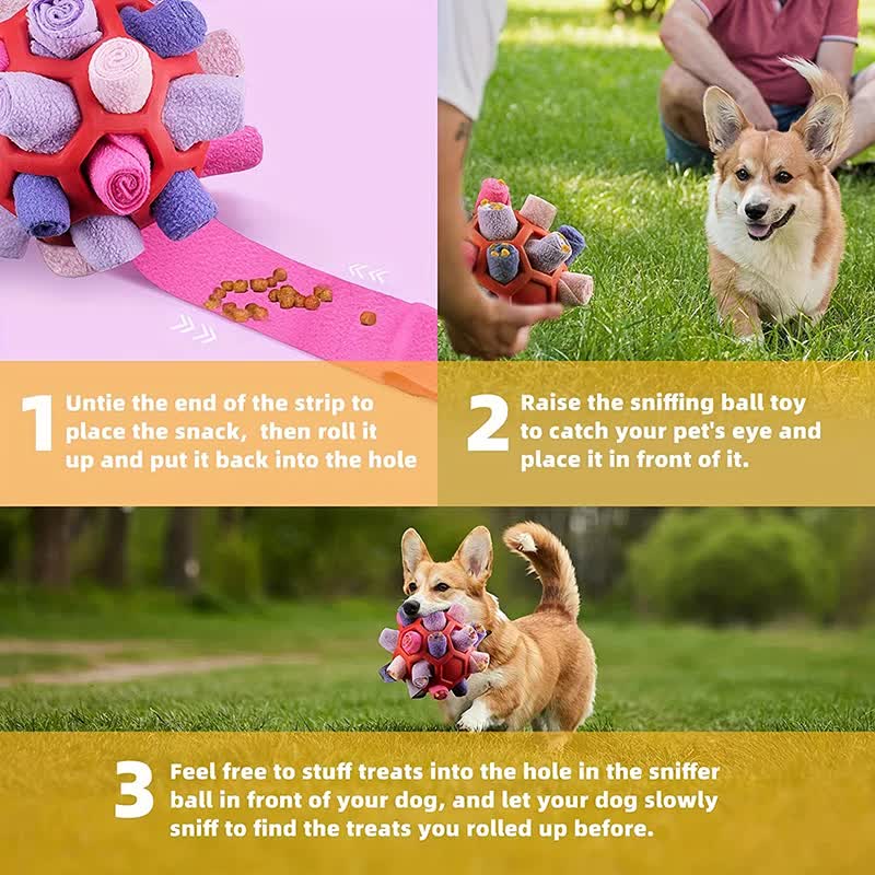 Red Ball And Colorful Strips Of Fabric Interactive Pet Snuffle Ball - Treat-Dispensing Toy for Dogs and Cats, 20 cm TPR and Felt Fabric for Mental Stimulation