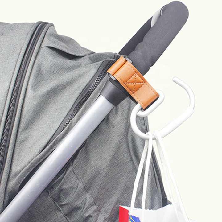 White Stroller Hooks 4-Pack - Leather and Alloy Pram Hooks with Velcro for Mom Bags and Accessories