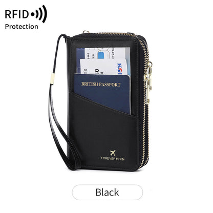 Black RFID Blocking Passport Wallet - Multi-Function Travel Organizer with Double Zipper and Crossbody Strap