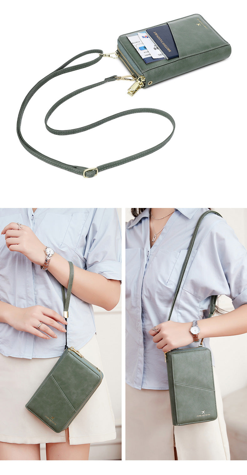 Black RFID Blocking Passport Wallet - Multi-Function Travel Organizer with Double Zipper and Crossbody Strap