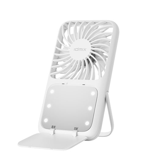 White Portable Handheld Fan with Makeup Mirror - USB Rechargeable 3-Speed Mini Fan for Summer Cooling