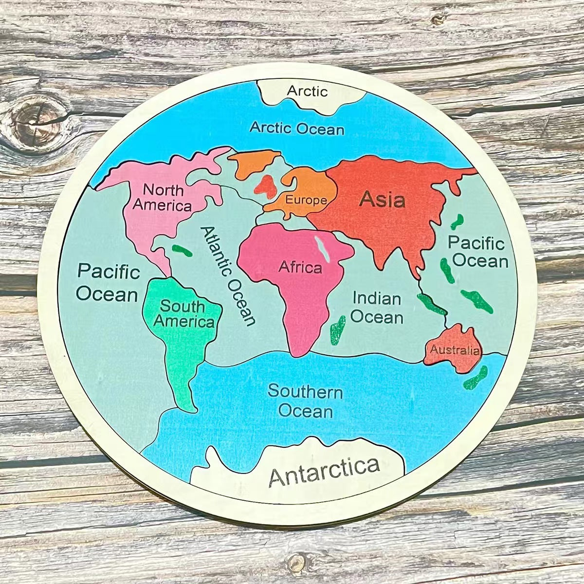 Wooden Seven Continents Puzzle - Colorful World Map Jigsaw for Early Geography Learning
