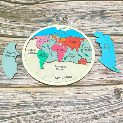 Wooden Seven Continents Puzzle - Colorful World Map Jigsaw for Early Geography Learning
