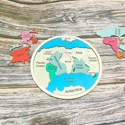 Wooden Seven Continents Puzzle - Colorful World Map Jigsaw for Early Geography Learning