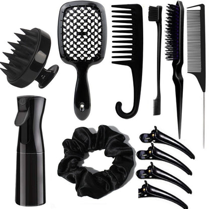 Complete Hair Styling Kit with Detangling Brushes, Combs, Spray Bottle, and Accessories(black)