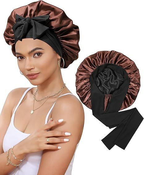Luxury Double-Sided Satin Bonnet with Elastic Band(Black + brown lining)