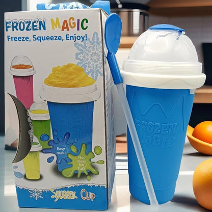 DIY Frozen Magic Slushy Maker Cup - Quick Squeeze Smoothie Cup with Lid & Straw/Spoon(Blue)