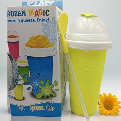 DIY Frozen Magic Slushy Maker Cup - Quick Squeeze Smoothie Cup with Lid & Straw/Spoon(Yellow)