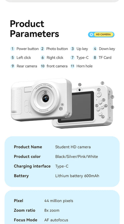 Student HD Digital Camera - 44MP, 8x Zoom, Autofocus, Dual Lens, Type-C Charging (Black)