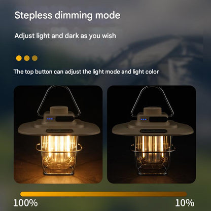 Black Vintage LED Camping Lantern - Rechargeable, Stepless Dimming, Power Bank