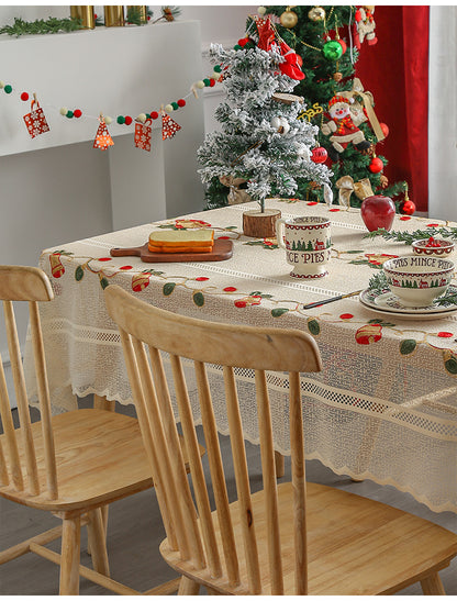 Embroidered Christmas Tablecloth - Embroidered Bells & Holly Design (140*200cm)