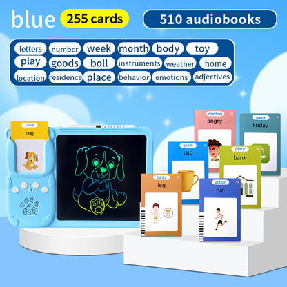 Blue (255 cards, pure English) Kids Interactive Early Education Toy: Combination Card Reader & LCD Drawing Board for Toddlers
