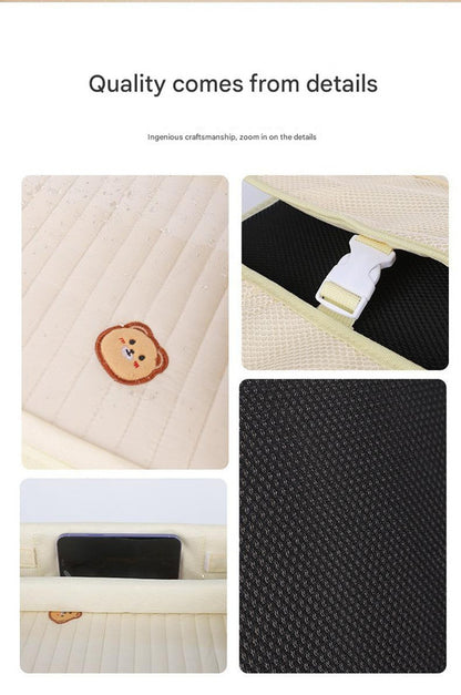 Kids Car Seat Travel Tray - Waterproof Lap Desk with Storage Pockets (Beige Bear - Round)