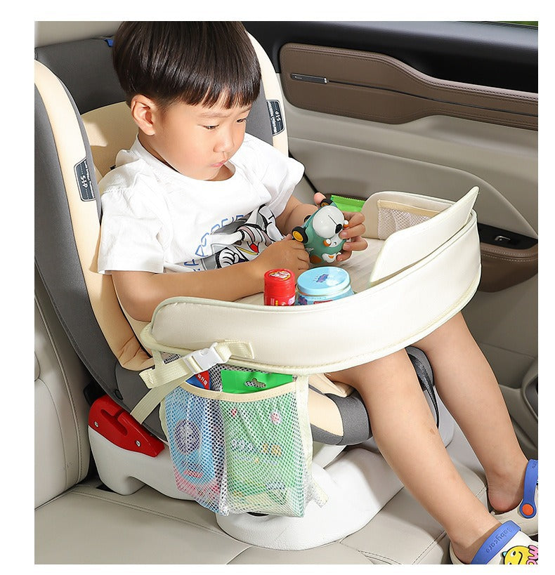 Kids Car Seat Travel Tray - Waterproof Lap Desk with Storage Pockets (Beige bunny - Round)
