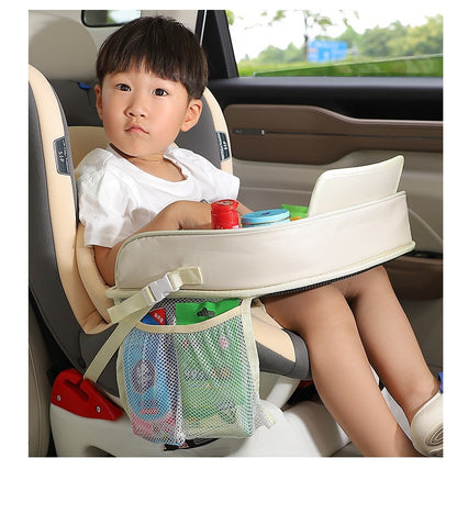 Kids Car Seat Travel Tray - Waterproof Lap Desk with Storage Pockets (Beige bunny - Round)