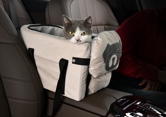 Beige Pet Car Booster Seat for Small Dogs & Cats - Safe Travel Carrier Bed