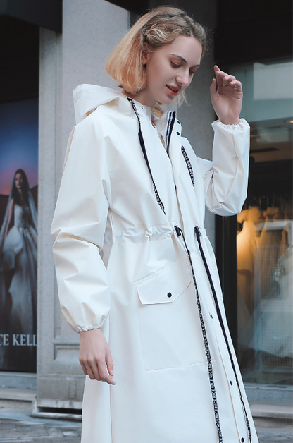 White Women's Long Waterproof Raincoat with Hood and Visor - Stylish Rain Jacket (Size - M)