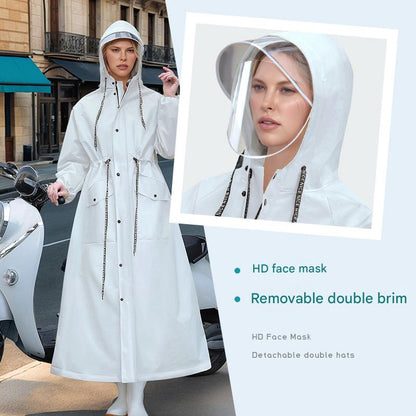 White Women's Long Waterproof Raincoat with Hood and Visor - Stylish Rain Jacket (Size - M)
