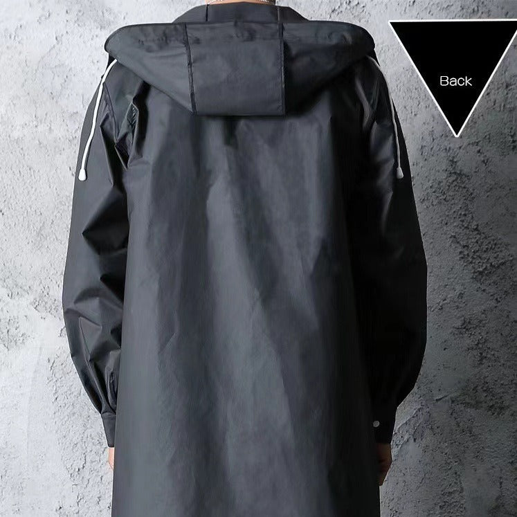 Stylish Black Trench Raincoat - Extra Long, Hooded, for Hiking & Fishing - L
