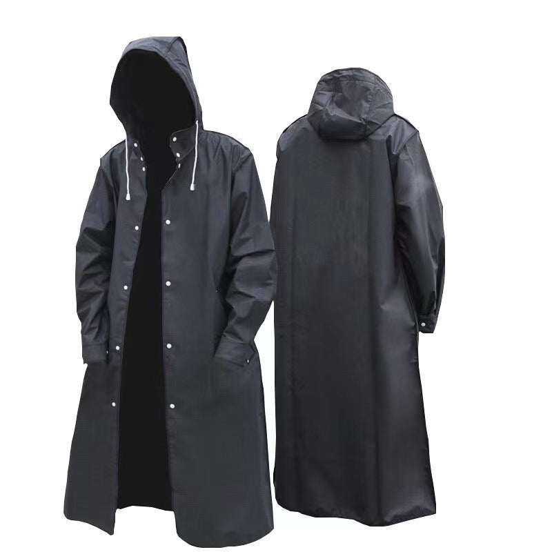 Stylish Black Trench Raincoat - Extra Long, Hooded, for Hiking & Fishing - L