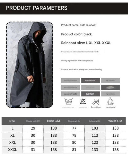Stylish Black Trench Raincoat - Extra Long, Hooded, for Hiking & Fishing - L