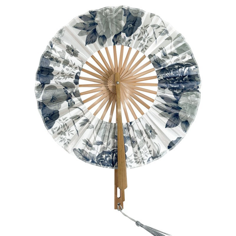 2 PCS Floral Bamboo Folding Hand Fan - Traditional Chinese Style Round Folding Design (Elegant ink flower)
