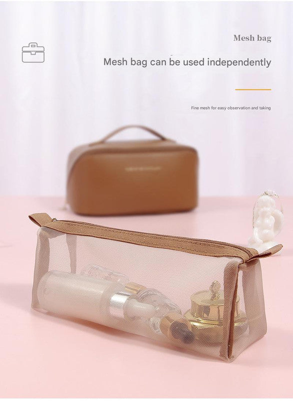 Beige Elegant PU Leather Makeup Bag & Toiletry Organizer with Detachable Mesh Pouch - Large Capacity Travel Cosmetic Case