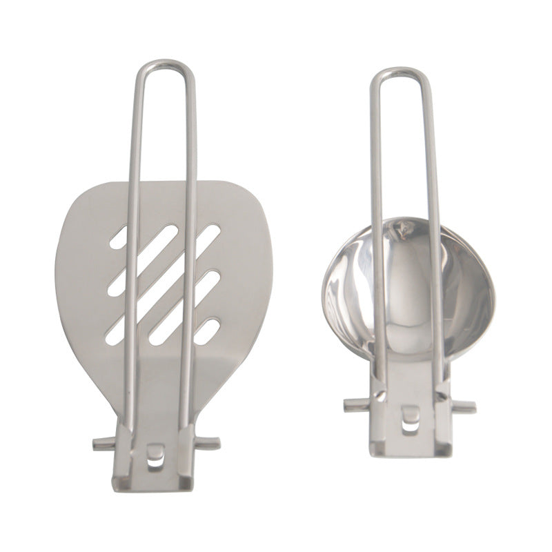 Silver Premium 304 Stainless Steel Folding Camping Utensil Set - Spatula & Deep Spoon Combo for Outdoor Cooking
