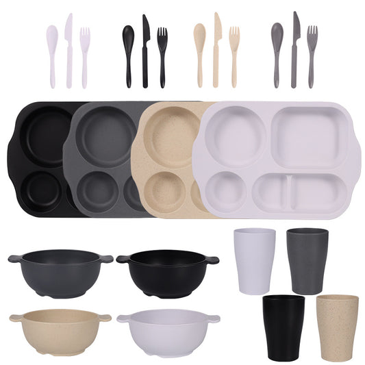 Black, Dark Grey, White, Beige Durable Eco-Friendly Wheat Straw Dinnerware Set - 24 Pieces with Plates, Bowls, Cups & Cutlery