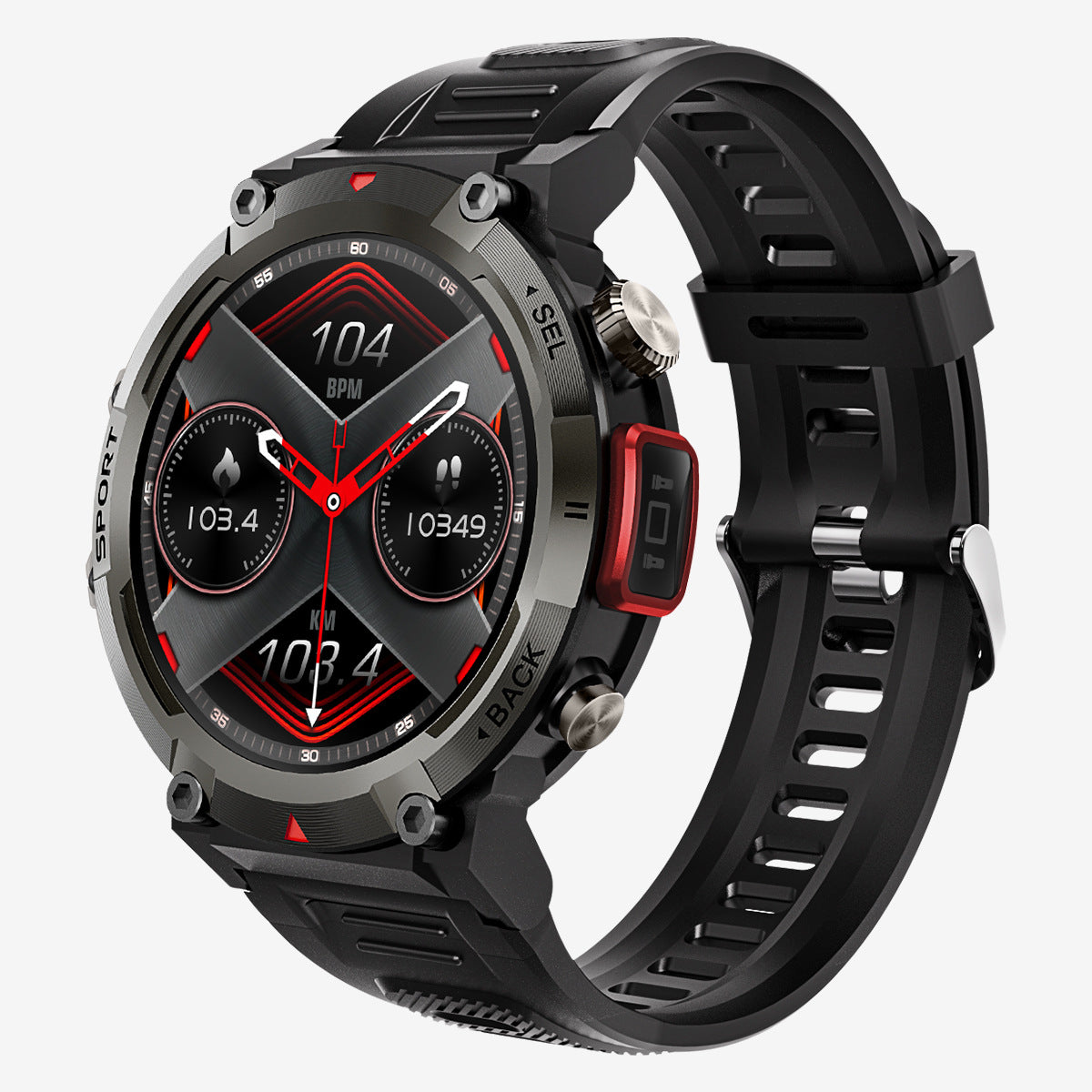 Black-red Outdoor Smartwatch with 1.45-Inch HD Round Screen and Flashlight