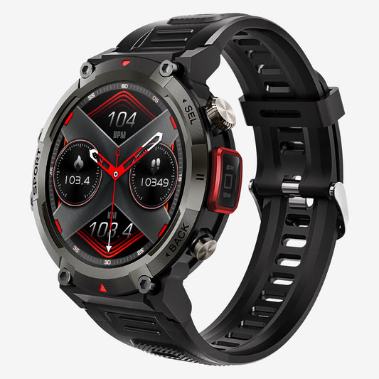 Black-red Outdoor Smartwatch with 1.45-Inch HD Round Screen and Flashlight