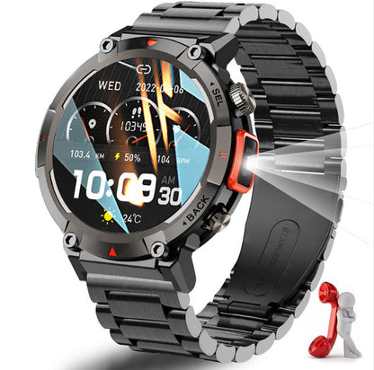 Black-red Steel Belts Outdoor Smartwatch with 1.45-Inch HD Round Screen and Flashlight
