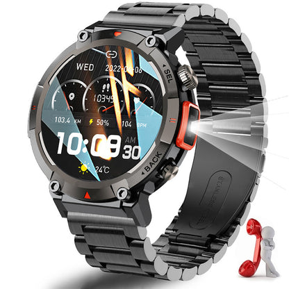 Black-red Steel Belts Outdoor Smartwatch with 1.45-Inch HD Round Screen and Flashlight