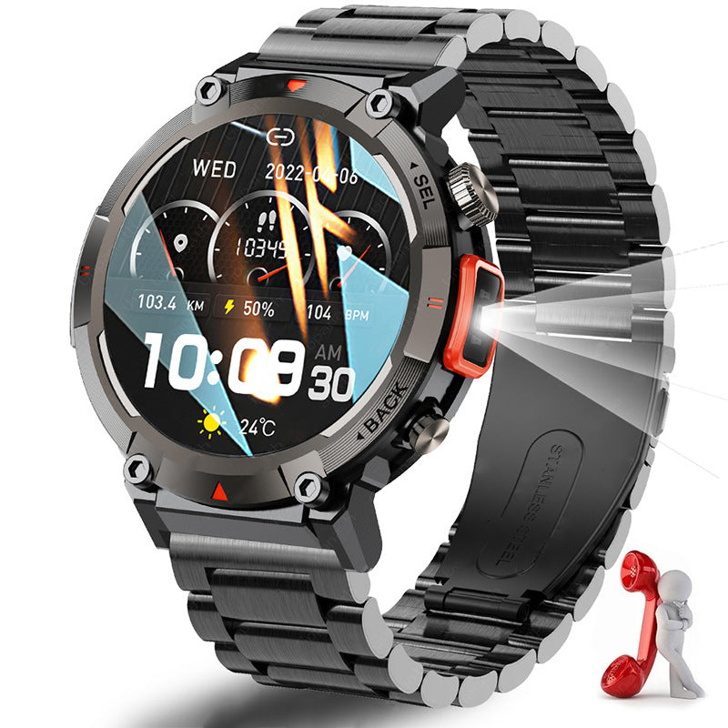 Black-orange Steel Belts Outdoor Smartwatch with 1.45-Inch HD Round Screen and Flashlight