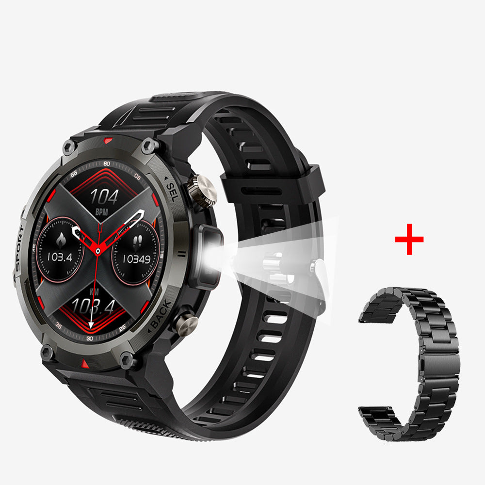Black Steel Belts Outdoor Smartwatch with 1.45-Inch HD Round Screen and Flashlight