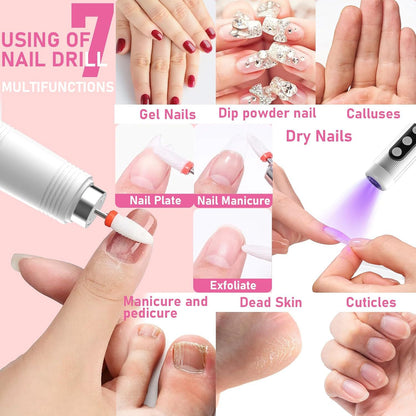 Portable Cordless Electric Nail Drill Kit with UV Lamp - 0-20000RPM, LED Display, 12 Bits(Grey)