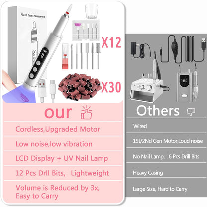 Portable Cordless Electric Nail Drill Kit with UV Lamp - 0-20000RPM, LED Display, 12 Bits(White)