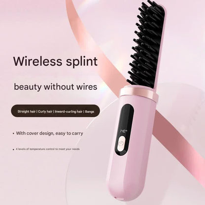 Cordless Hair Straightener Brush - 4000mAh USB-C Rechargeable, 4 Temps, Anti-Scald 3D Comb Design(white)